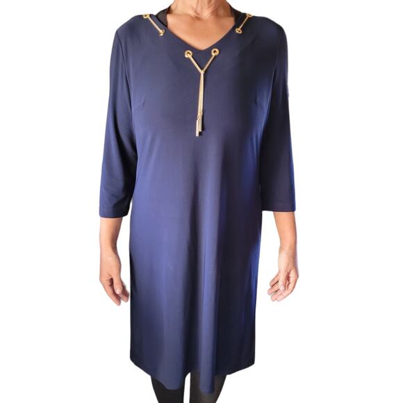 Nine West Blue Midi Dress M Gold Chain Necklace Bodycon Career Church Glam - Picture 8 of 9